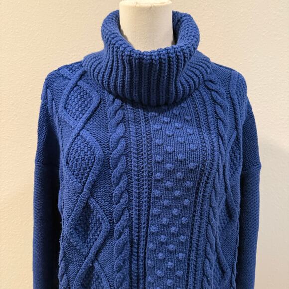 Lands End Wool Blend Royal Blue Chunky Cable Knit Turtleneck Sweater Women Large - Picture 3 of 8